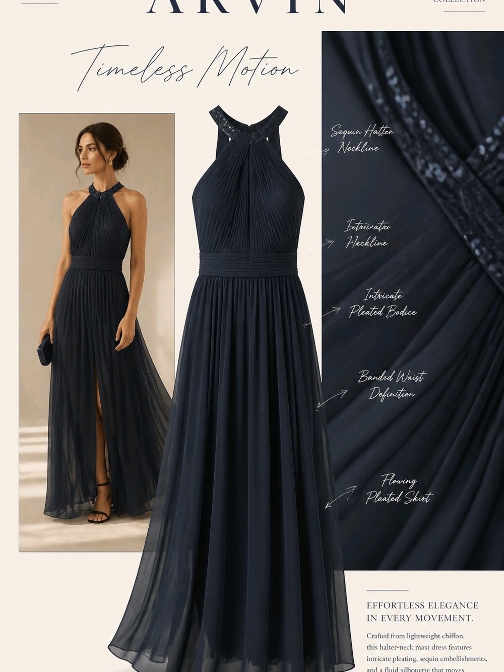 "Alex Evening" Halter Neck Pleated Chiffon Evening Dress Deep Navy Blue Size 14